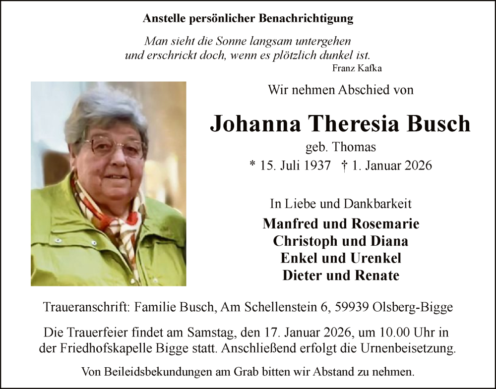  Traueranzeige für Johanna Theresia Busch vom 10.01.2026 aus HASK