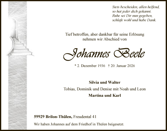 Traueranzeige von Johannes Beele von HASK