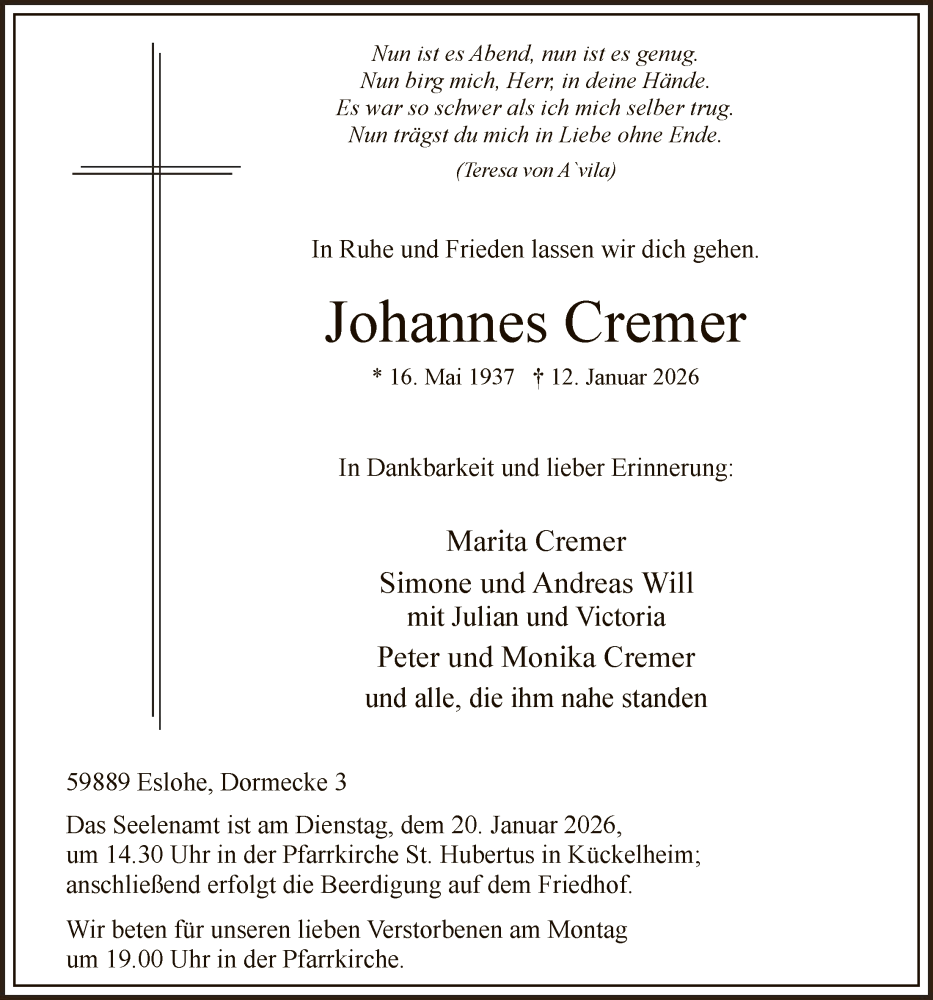  Traueranzeige für Johannes Cremer vom 17.01.2026 aus HASK