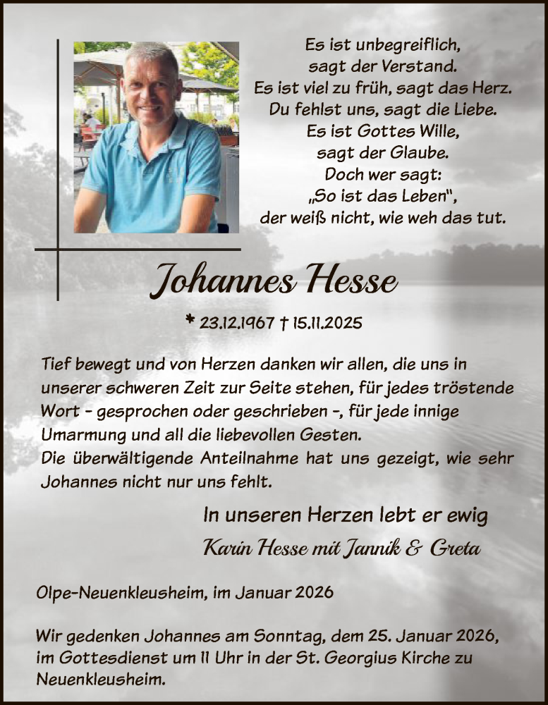  Traueranzeige für Johannes Hesse vom 24.01.2026 aus HASK