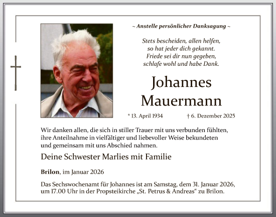 Traueranzeige von Johannes Mauermann von HASK