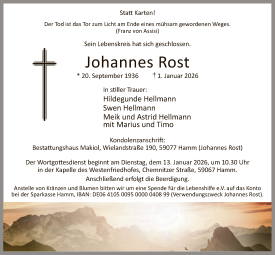 Traueranzeige von Johannes Rost von HAWA