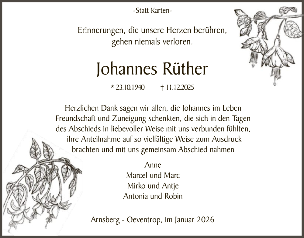  Traueranzeige für Johannes Rüther vom 17.01.2026 aus HASK