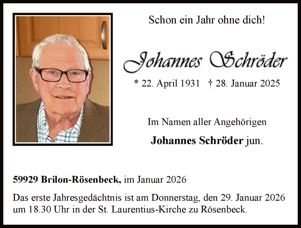  Traueranzeige für Johannes Schröder vom 24.01.2026 aus HASK