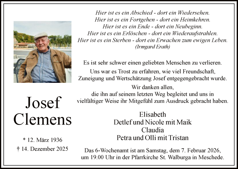  Traueranzeige für Josef Clemens vom 24.01.2026 aus HASK