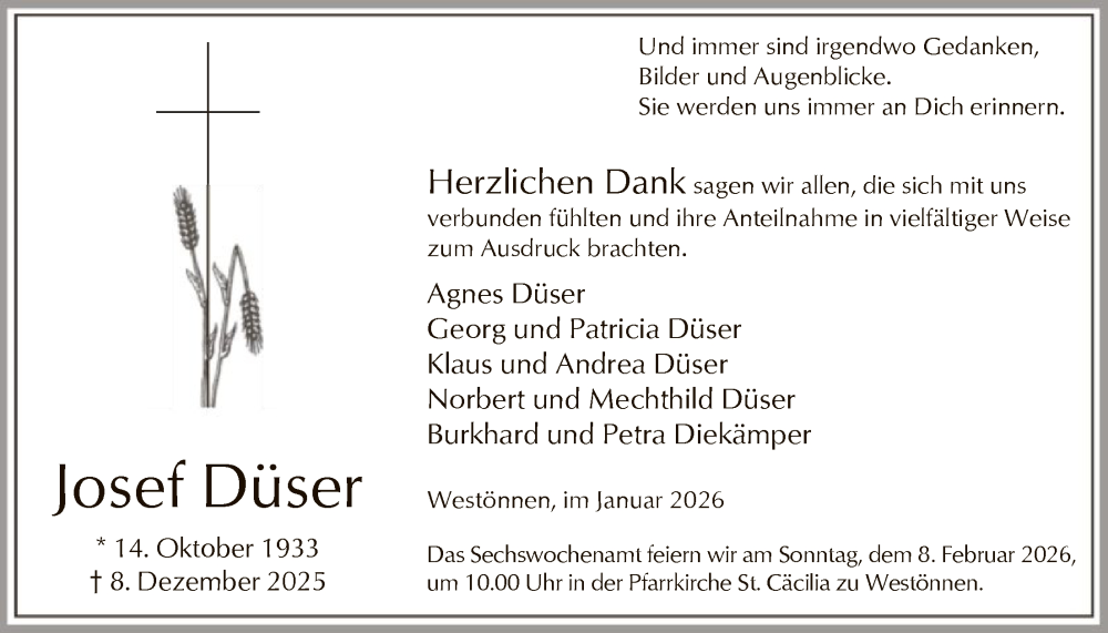  Traueranzeige für Josef Düser vom 24.01.2026 aus HASO