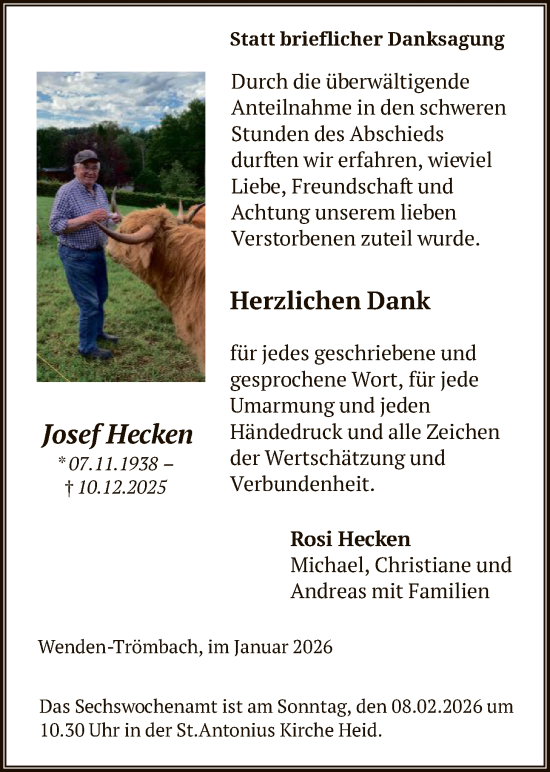 Traueranzeige von Josef Hecken von HASK