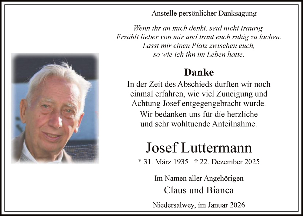  Traueranzeige für Josef Luttermann vom 31.01.2026 aus HASK