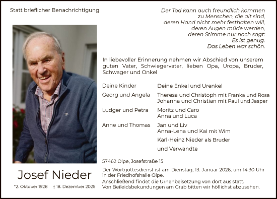 Traueranzeige von Josef Nieder von HASK