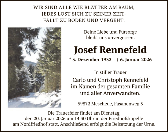 Traueranzeige von Josef Rennefeld von HASK