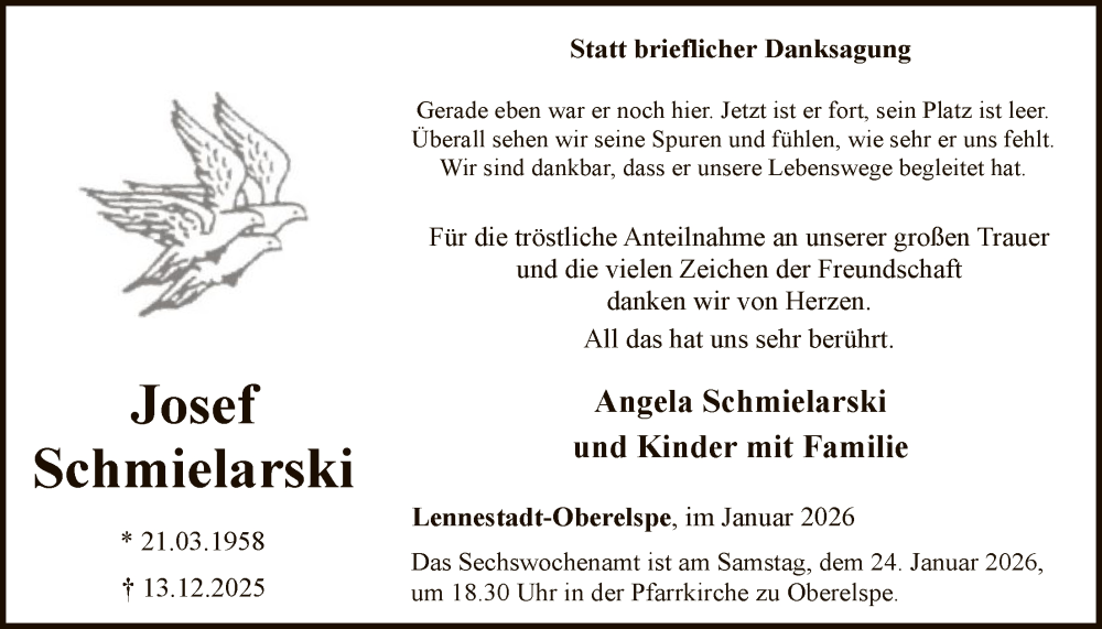  Traueranzeige für Josef Schmielarski vom 17.01.2026 aus HASK