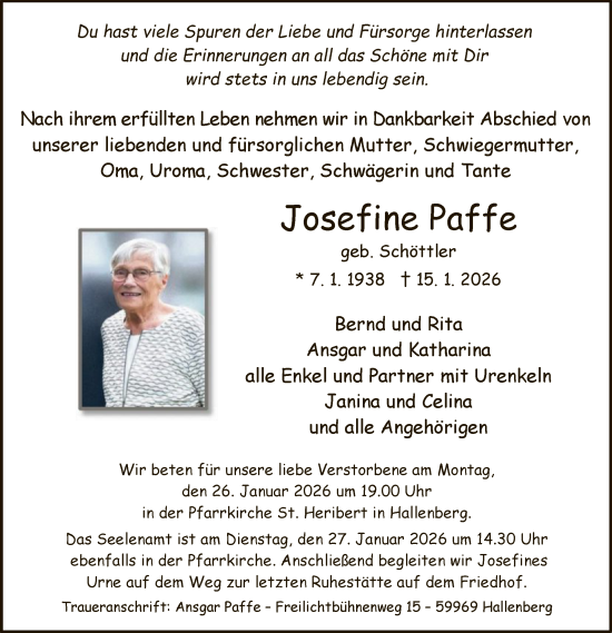 Traueranzeige von Josefine Paffe von HASK