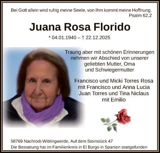 Traueranzeige von Juana Rosa Florido von HALN