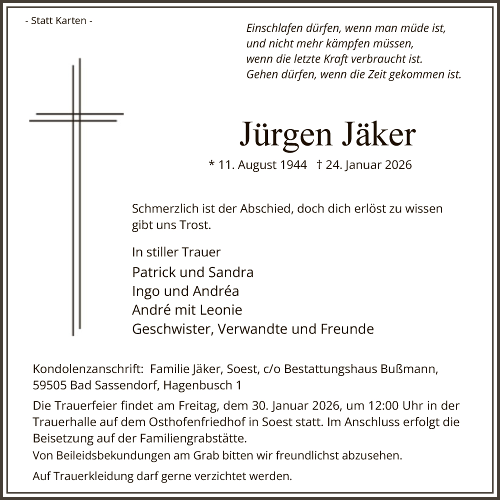  Traueranzeige für Jürgen Jäker vom 28.01.2026 aus HASO