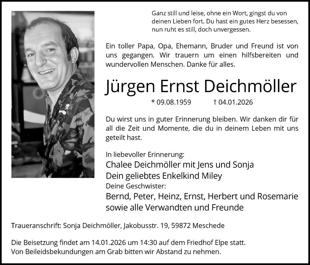  Traueranzeige für Jürgen Ernst Deichmöller vom 10.01.2026 aus HASK