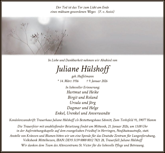 Traueranzeige von Juliane Hülshoff von HAWA