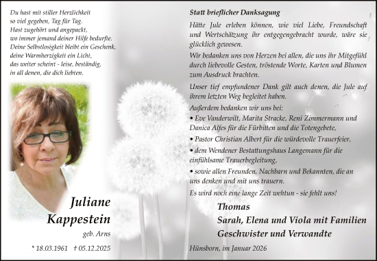 Traueranzeige von Juliane Kappestein von HASK