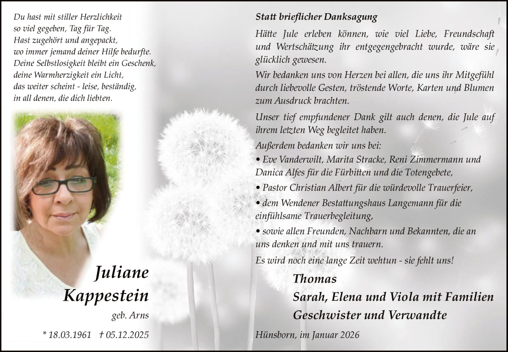  Traueranzeige für Juliane Kappestein vom 31.01.2026 aus HASK