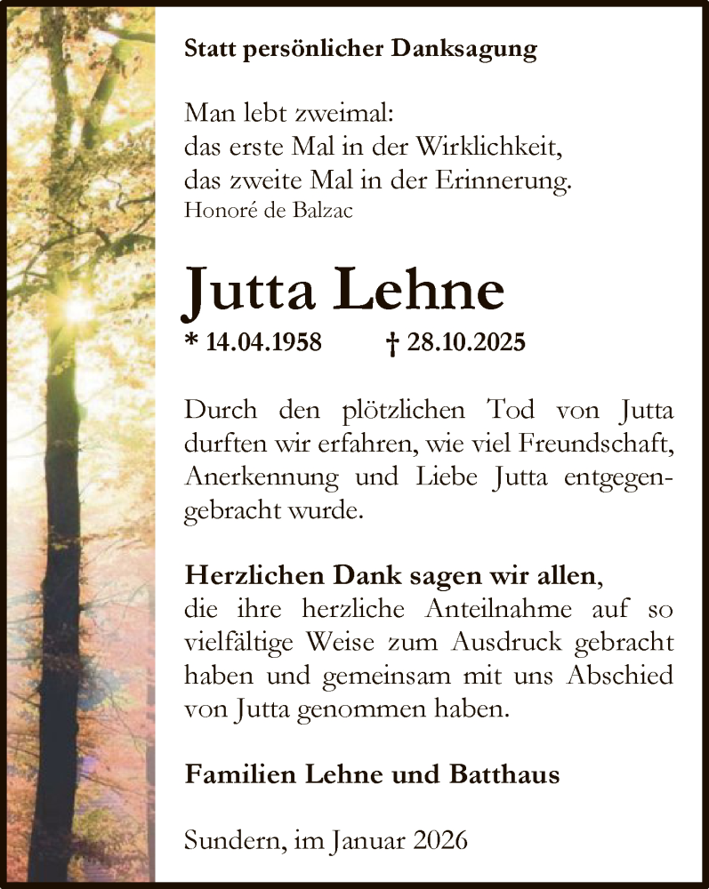  Traueranzeige für Jutta Lehne vom 17.01.2026 aus HASK