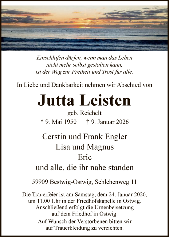 Traueranzeige von Jutta Leisten von HASK