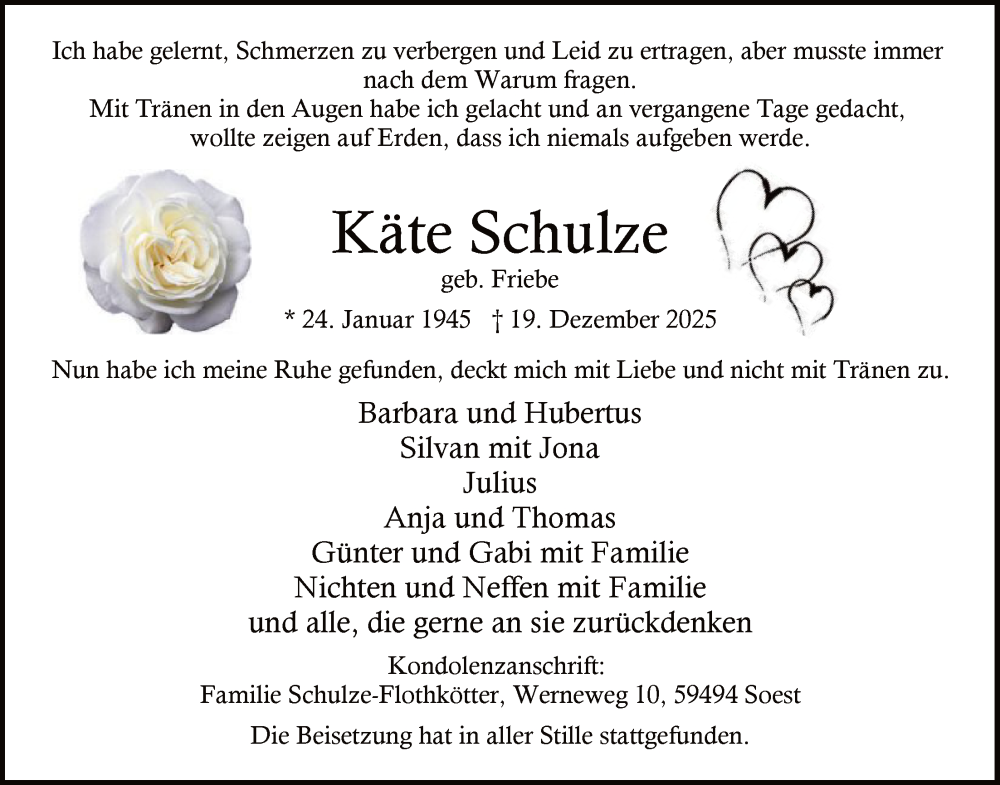  Traueranzeige für Käte Schulze vom 10.01.2026 aus HASO
