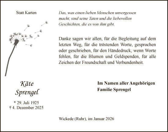 Traueranzeige von Käte Sprengel von HASO