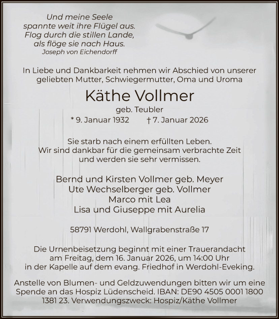 Traueranzeige von Käthe Vollmer von HALN