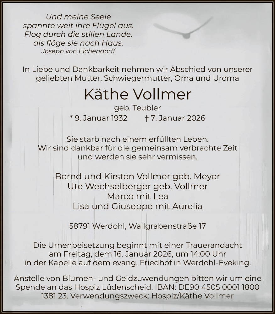  Traueranzeige für Käthe Vollmer vom 13.01.2026 aus HALN