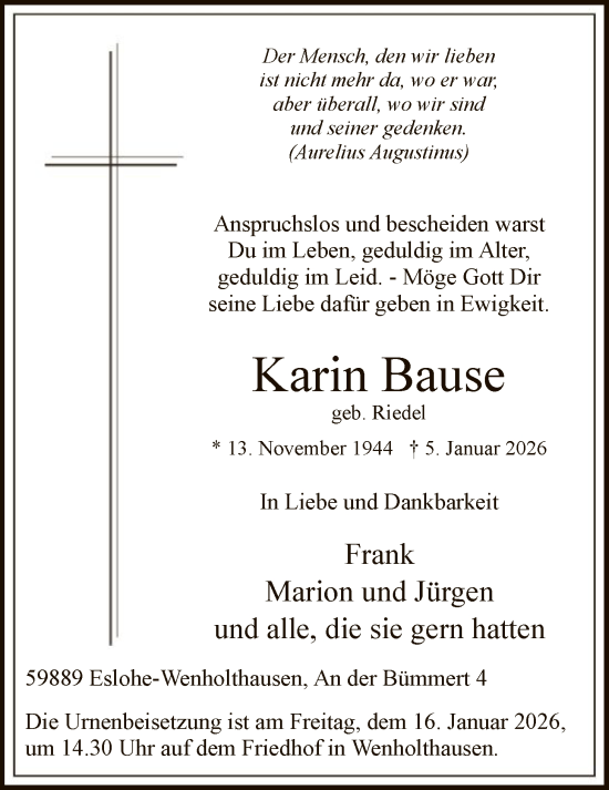 Traueranzeige von Karin Bause von HASK