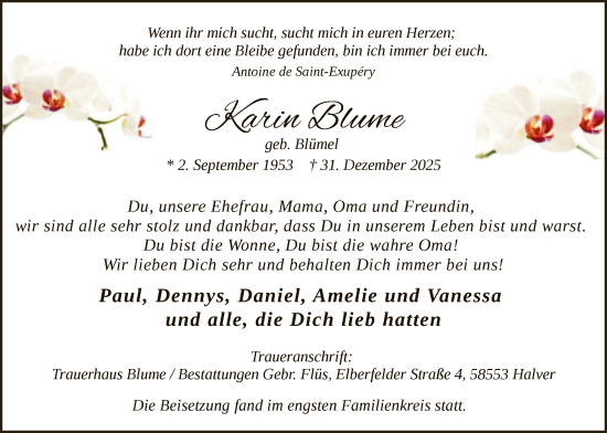 Traueranzeige von Karin Blume von HALN