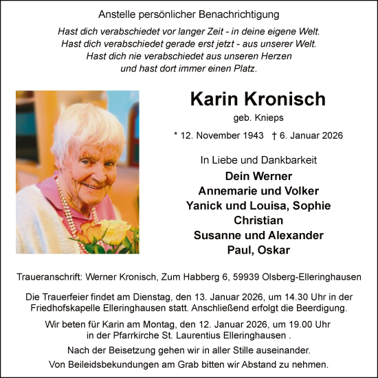 Traueranzeige von Karin Kronisch von HASK