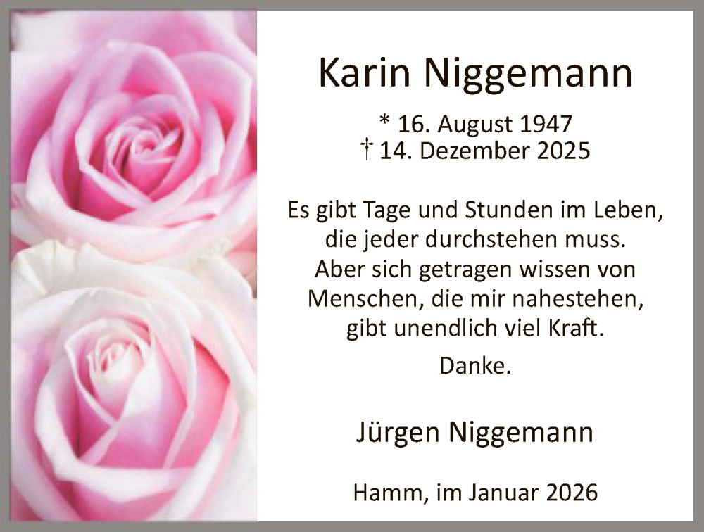  Traueranzeige für Karin Niggemann vom 31.01.2026 aus HAWA