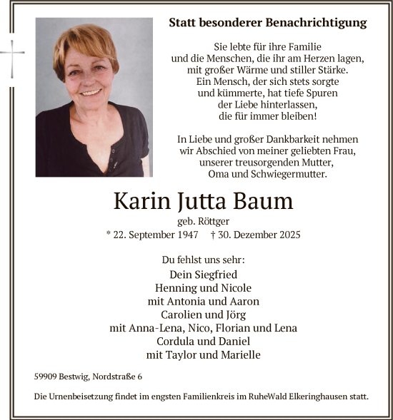 Traueranzeige von Karin Jutta Baum von HASK