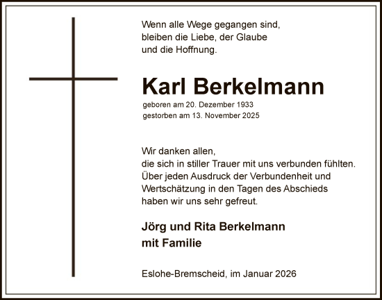 Traueranzeige von Karl Berkelmann von HASK