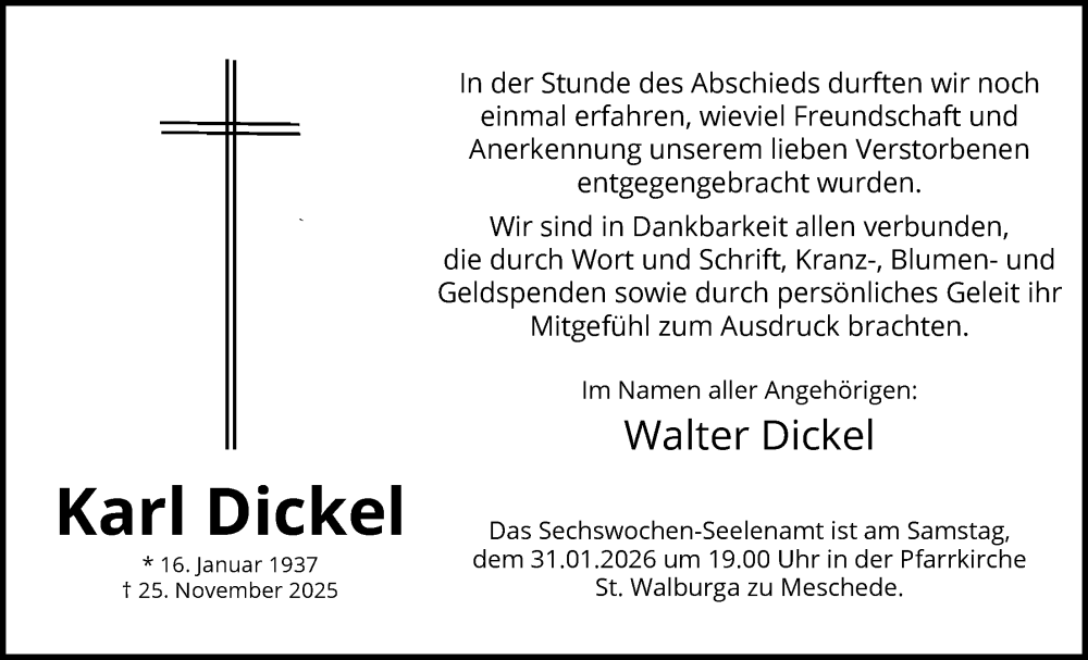  Traueranzeige für Karl Dickel vom 24.01.2026 aus HASK