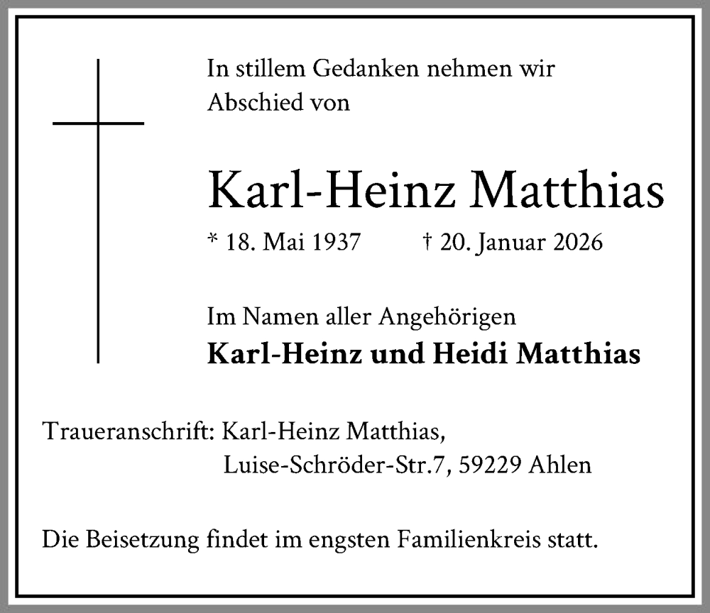  Traueranzeige für Karl-Heinz Matthias vom 24.01.2026 aus HAWA