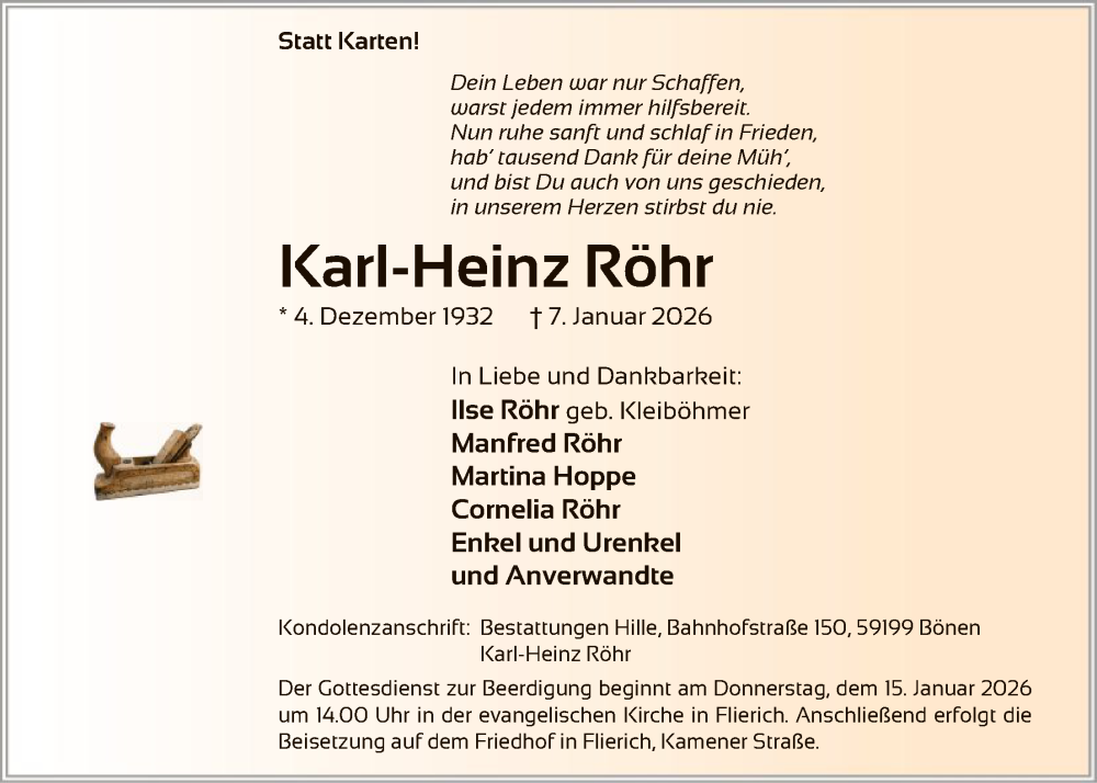  Traueranzeige für Karl-Heinz Röhr vom 10.01.2026 aus HAWA