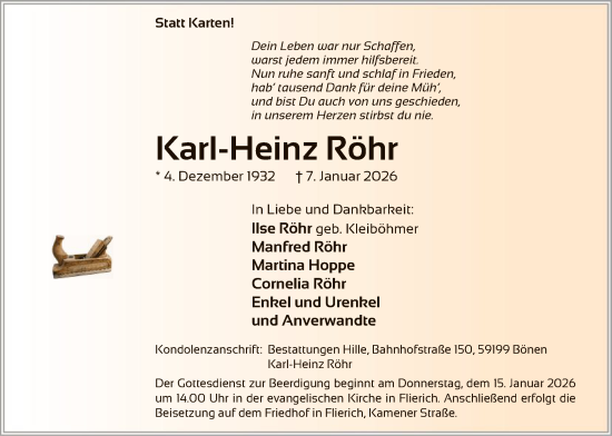 Traueranzeige von Karl-Heinz Röhr von HAWA