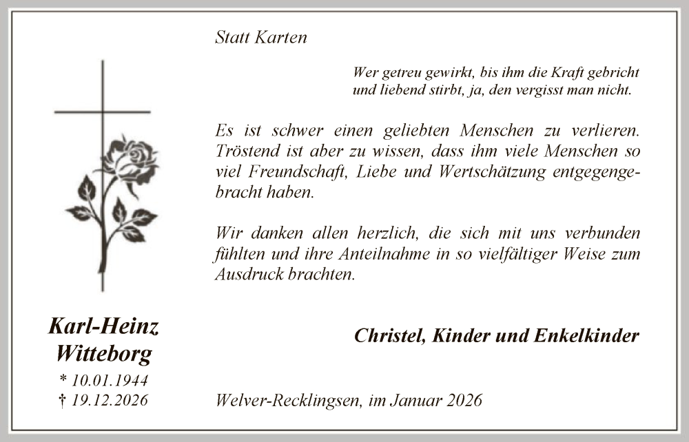  Traueranzeige für Karl-Heinz Witteborg vom 24.01.2026 aus HASO