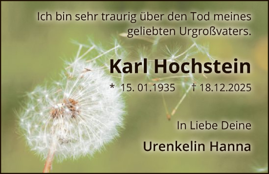 Traueranzeige von Karl Hochstein von HASK