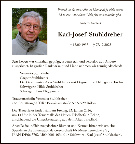 Traueranzeige von Karl-Josef Stuhldreher von HASK