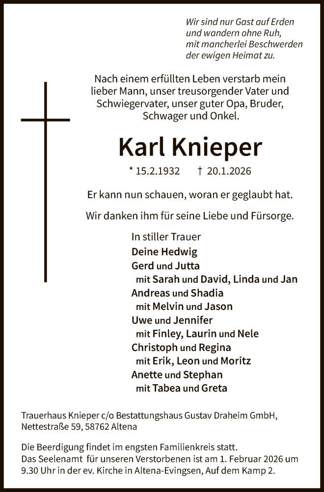  Traueranzeige für Karl Knieper vom 24.01.2026 aus HALN
