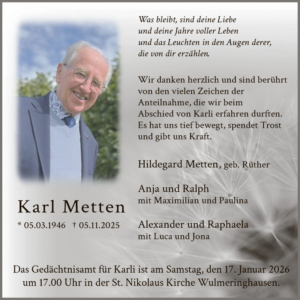  Traueranzeige für Karl Metten vom 10.01.2026 aus HASK