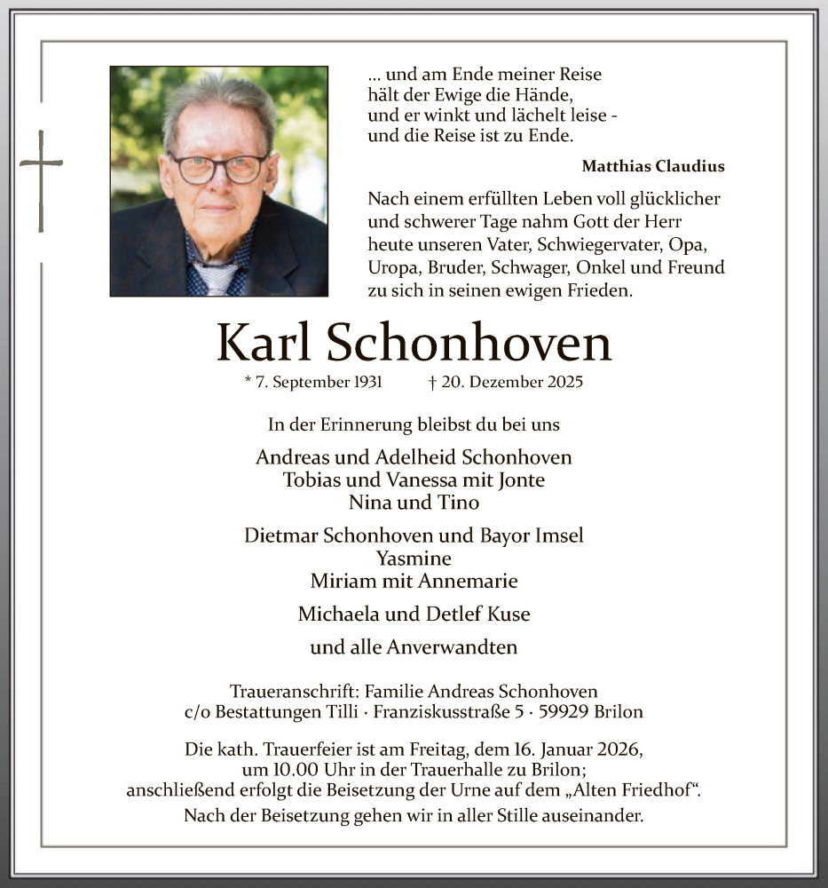  Traueranzeige für Karl Schonhoven vom 10.01.2026 aus HASK