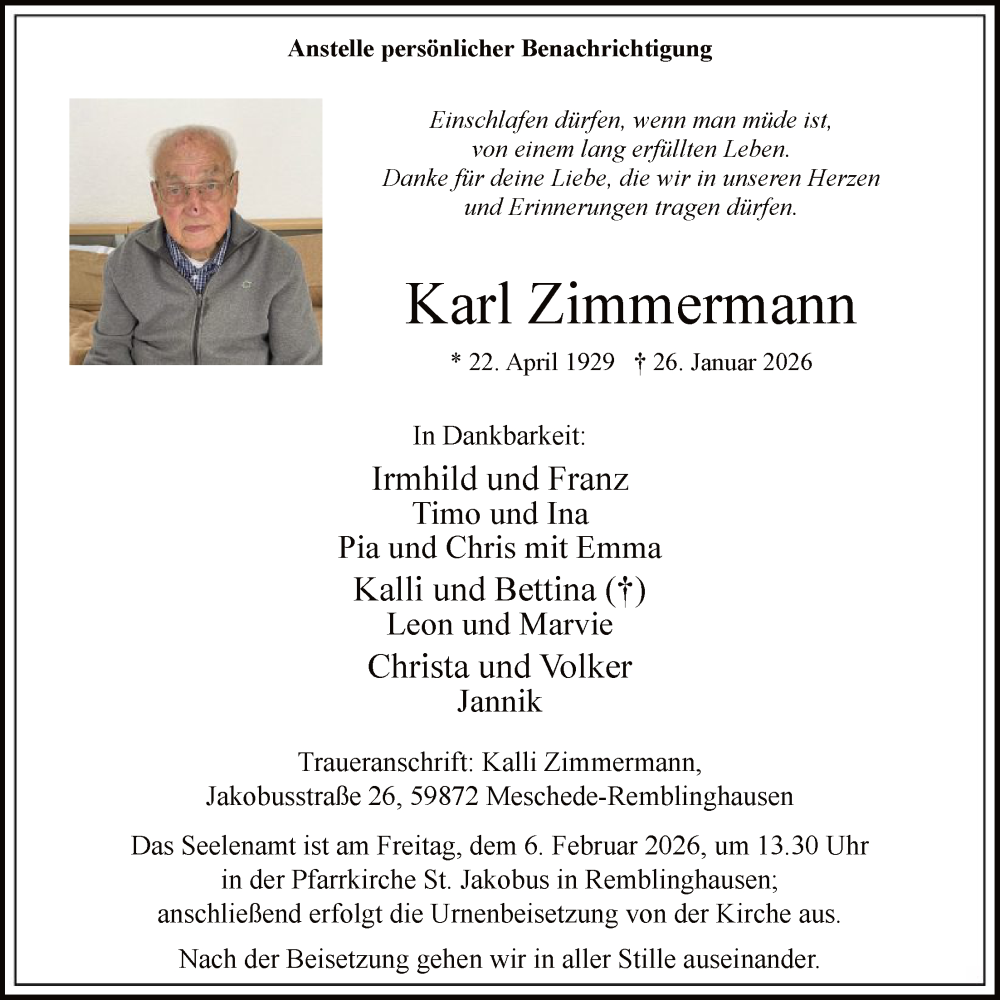  Traueranzeige für Karl Zimmermann vom 31.01.2026 aus HASK