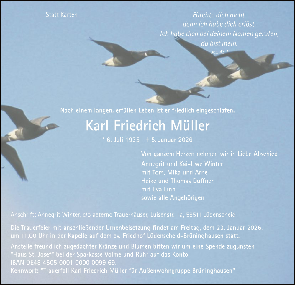  Traueranzeige für Karl Friedrich Müller vom 10.01.2026 aus HALN