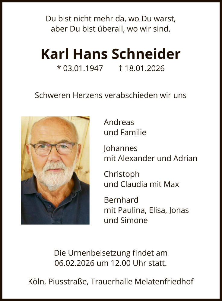  Traueranzeige für Karl Hans Schneider vom 31.01.2026 aus HASK
