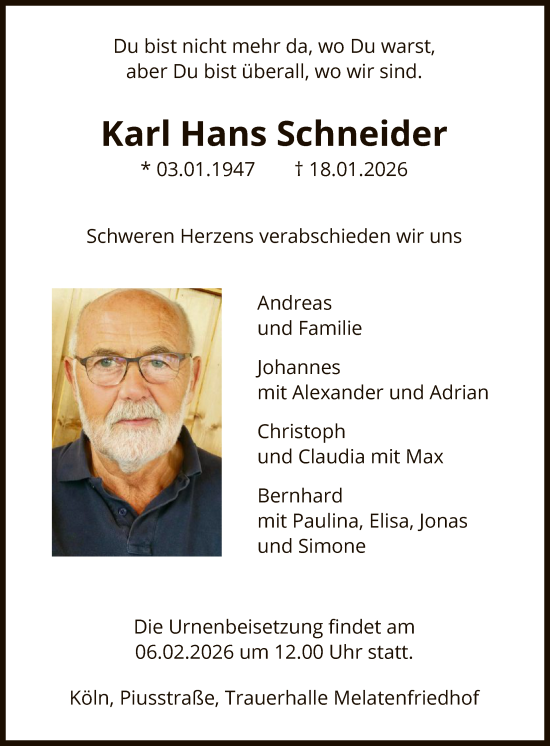 Traueranzeige von Karl Hans Schneider von HASK