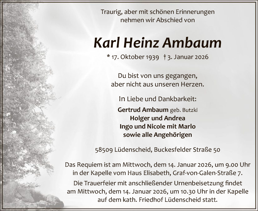  Traueranzeige für Karl Heinz Ambaum vom 07.01.2026 aus HALN