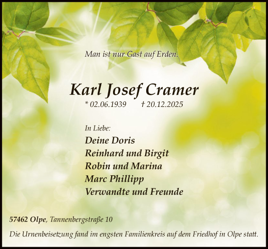 Traueranzeige von Karl Josef Cramer von HASK